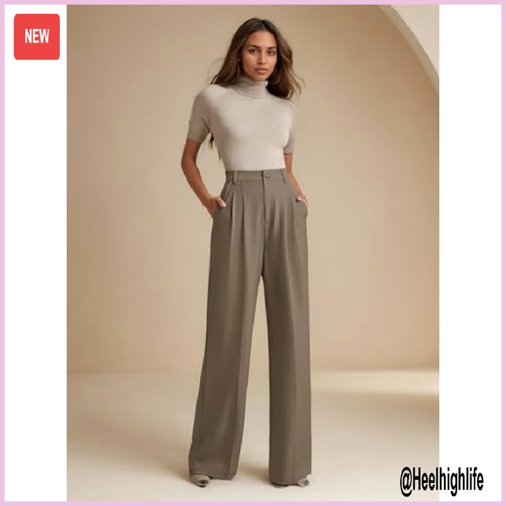 Women's Wide Leg Dress Pants High Waist Elastic Back Flowy Trousers - Picture 7 of 8